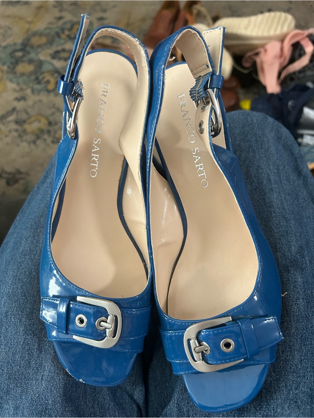 Franco Sarto Glossy Cobalt Blue Patent Slingback Heels with Buckle Size 9